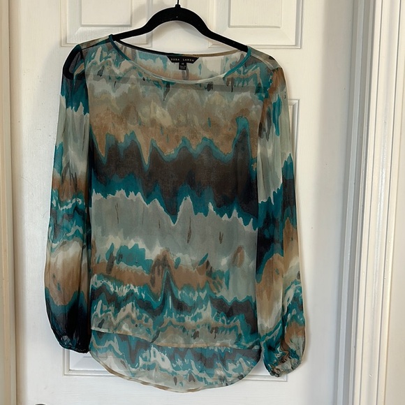 Dora landa silk Blue and Brown Relaxed Graphic Blouse xs - Picture 1 of 4